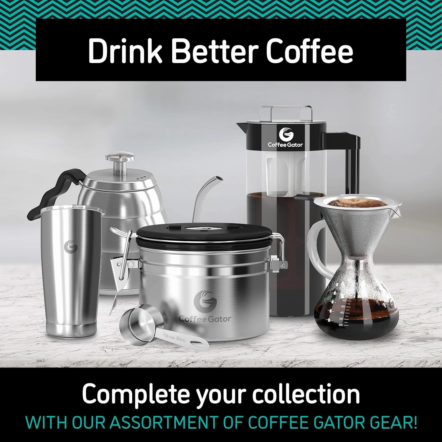Coffee Gator Pour Over Coffee Maker - 27oz High Heat Borosilicate Glass with Reusable Stainless Steel Filter, Drip Coffee Brewer Dripper Set Carafe, 800ml Clear