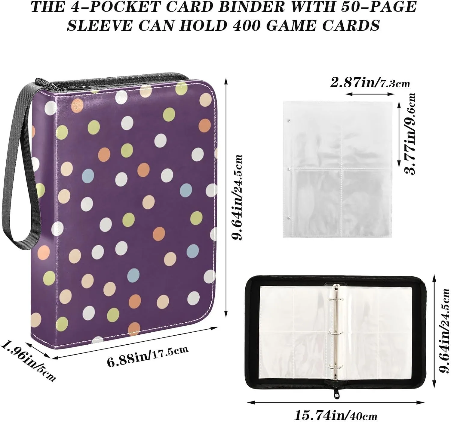 Colorful Polka Dots Card Binder Fits 400 Cards with 50 Removable Sleeves Trading Card Albums Sports Card Binder