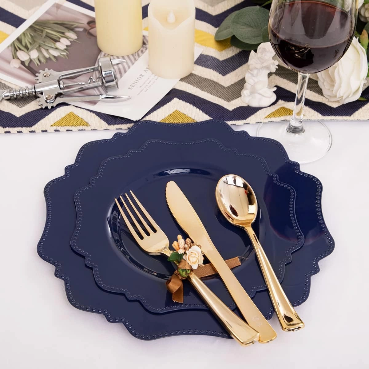 COLOSUS Navy Blue Disposable Plastic Party Plates Set Include 60pcs (30 guest) Dinner plate and Dessert Plate Heavy weight Party Dinnerware Plates