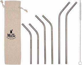 Combo Pack Thin Bent Stainless Steel Straws for Mason Jars (6 Pack   Cleaning Brush   Cloth Bag)