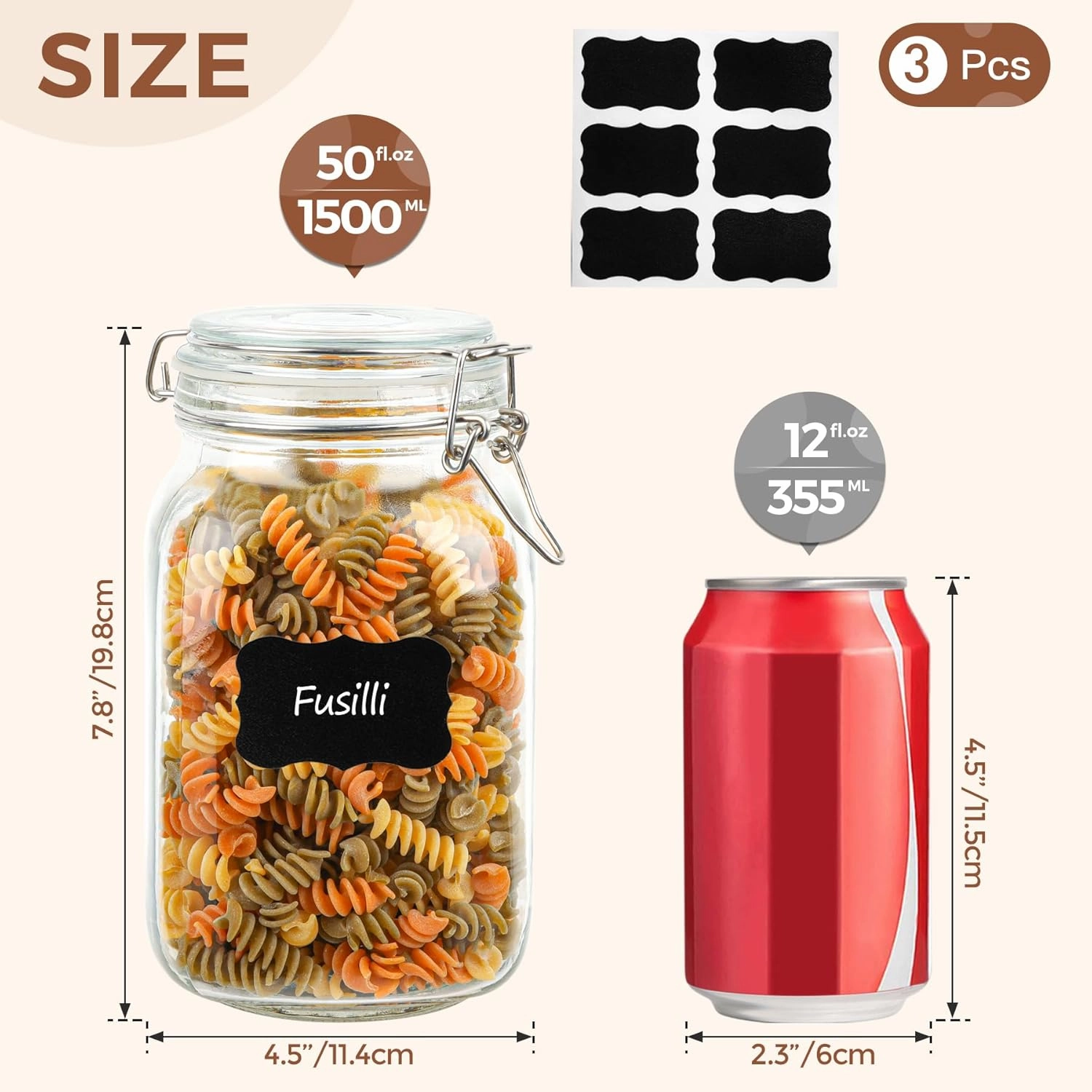 ComSaf Airtight Glass Canister Set of 3 with Lids 50oz Clear Food Storage Jars Square, Kitchen & Pantry Organization Food Storage Container for Canning, Sugar, Flour, Pasta, Candy, Cereal, Coffee