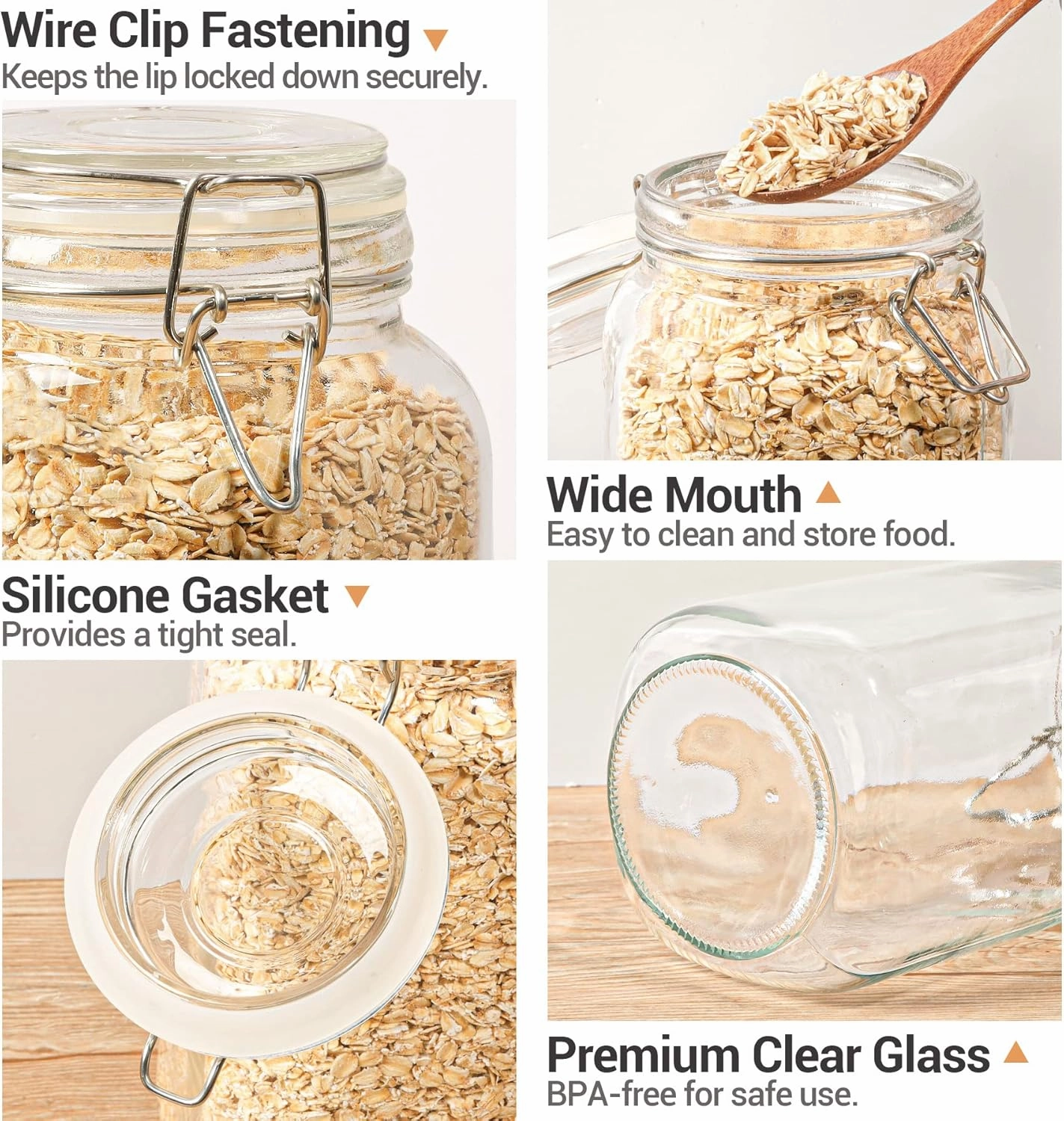 ComSaf Airtight Glass Canister Set of 3 with Lids 50oz Clear Food Storage Jars Square, Kitchen & Pantry Organization Food Storage Container for Canning, Sugar, Flour, Pasta, Candy, Cereal, Coffee