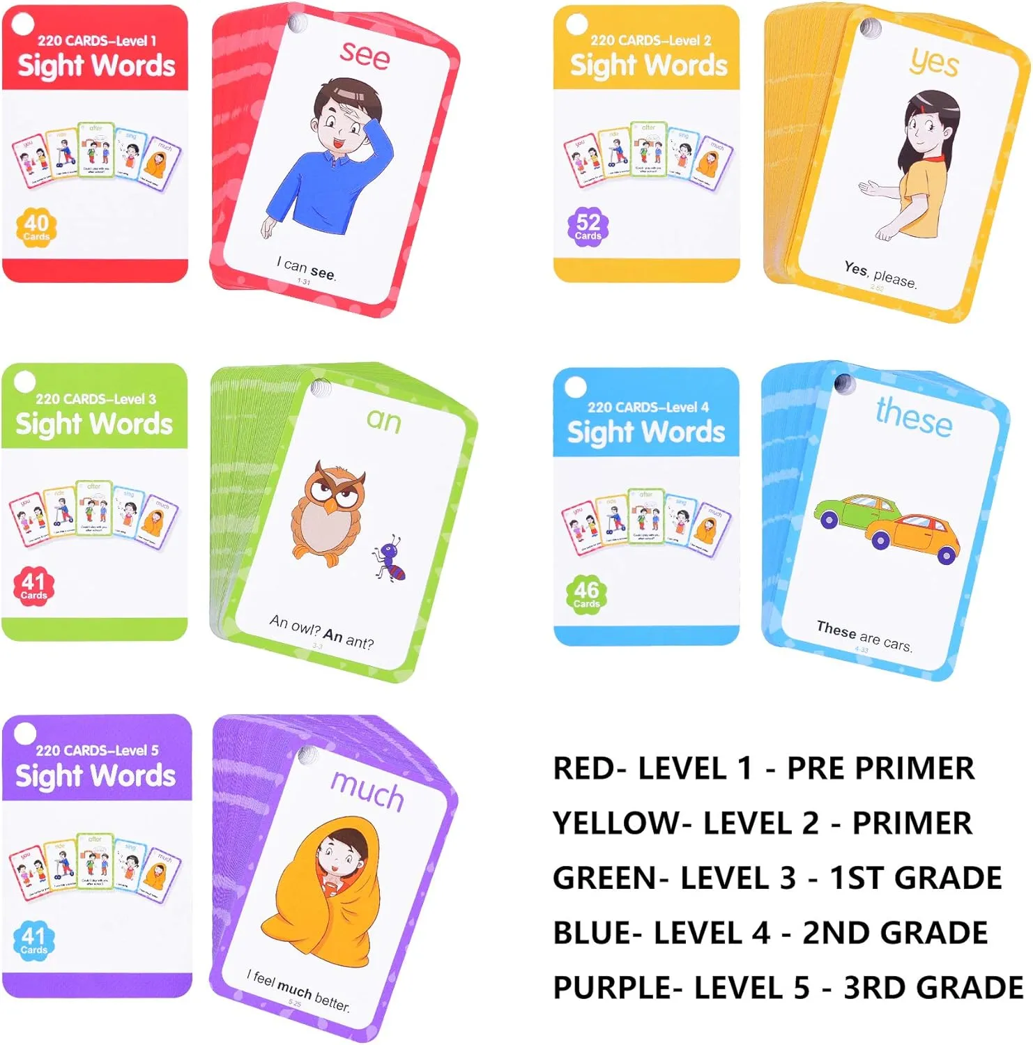 Conzy Dolch Sight Words Flash Cards for Toddlers Kindergarten 1st 2nd 3rd Grade, 220 Sight Words with Pictures and Sentences for Kids Learn to Read, 5 Levels of Difficulty, 6 Sorting Rings