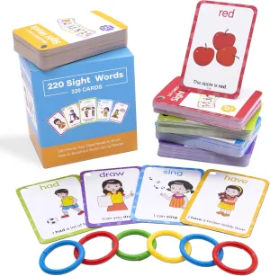 Conzy Dolch Sight Words Flash Cards for Toddlers Kindergarten 1st 2nd 3rd Grade, 220 Sight Words with Pictures and Sentences for Kids Learn to Read, 5 Levels of Difficulty, 6 Sorting Rings