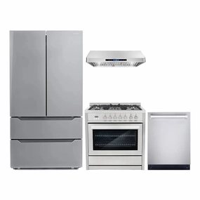 Cosmo 4-Piece, 36″ Dual Fuel Range, 36″ Range Hood, 24″ Dishwasher and Refrigerator - COS-4PKG-026