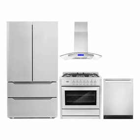 Cosmo 4-Piece, 36″ Range, 36″ Island Range Hood, 24″ Dishwasher and Refrigerator - COS-4PKG-075