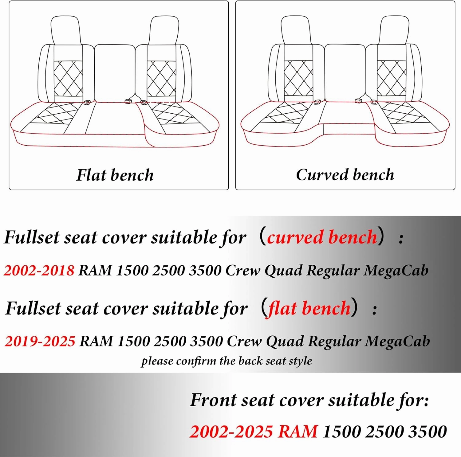 Coverado Ram Seat Covers Full Set, Waterproof Ram 1500 Seat Cover Compatible with 2002-2025 Dodge RAM 1500 2500 3500 Crew Quad Cab with Curved Bench, Black