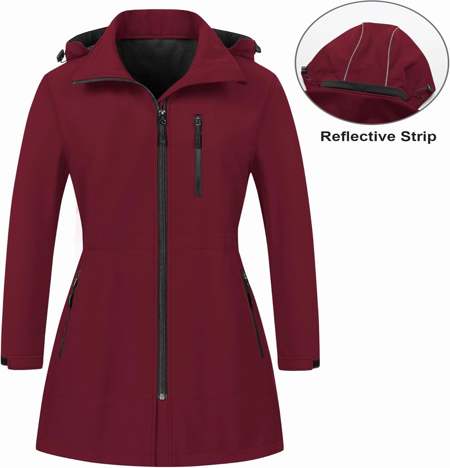CREATMO US Women's Plus Size Long Softshell Jacket Waterproof Fleece Lined Rain Jacket Lightweight Windbreaker With Hood