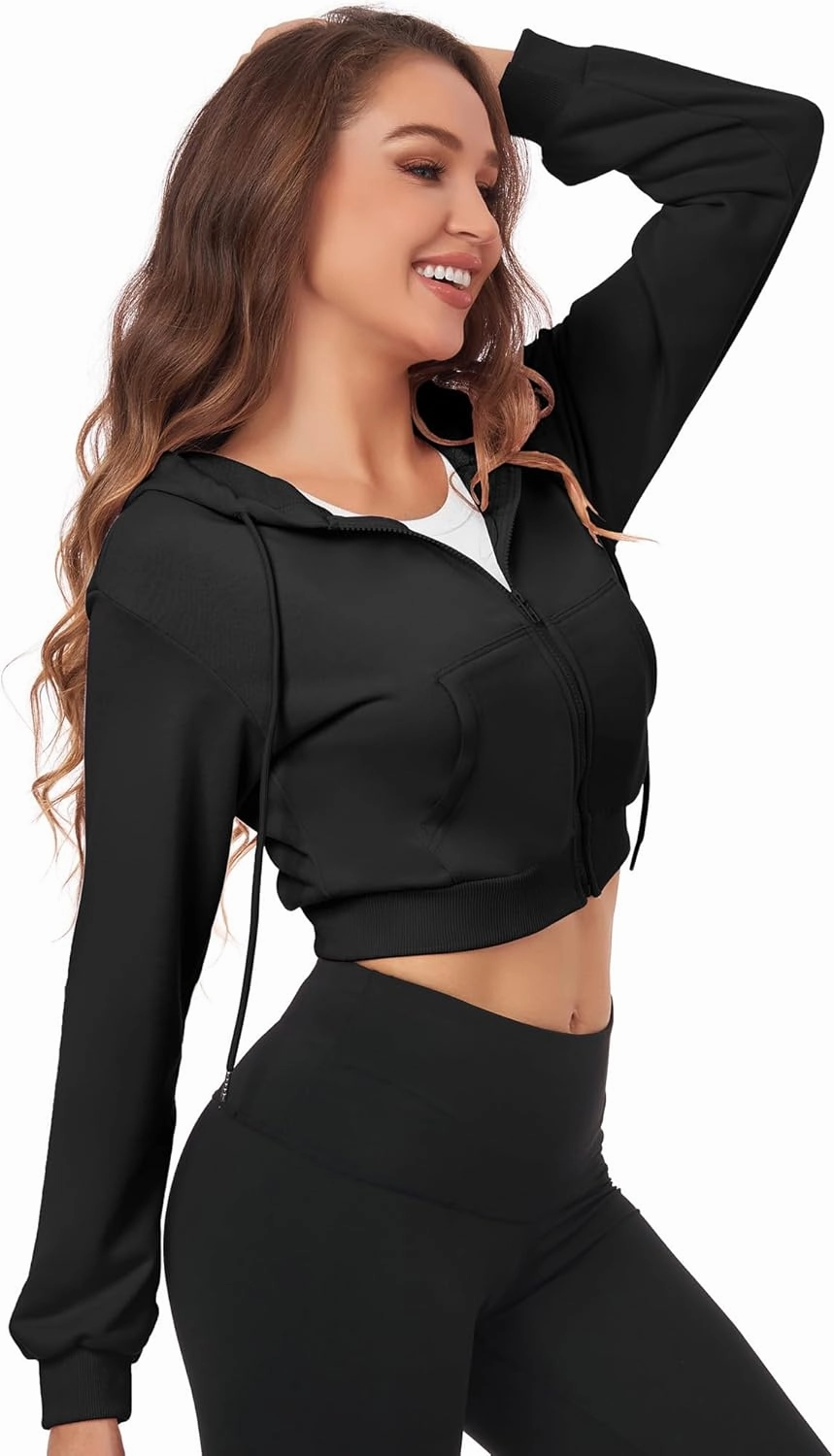 Cropped Zip Up Hoodie Women Jacket Top Sweatshirt Casual Basic Gym Workout Sport