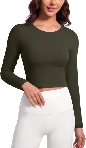 CRZ YOGA Butterluxe Double Lined Long Sleeve Workout Tops for Women Crew Neck Fitted Crop Tshirts Casual Tight Basic Shirts