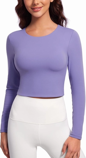 CRZ YOGA Butterluxe Double Lined Long Sleeve Workout Tops for Women Crew Neck Fitted Crop Tshirts Casual Tight Basic Shirts