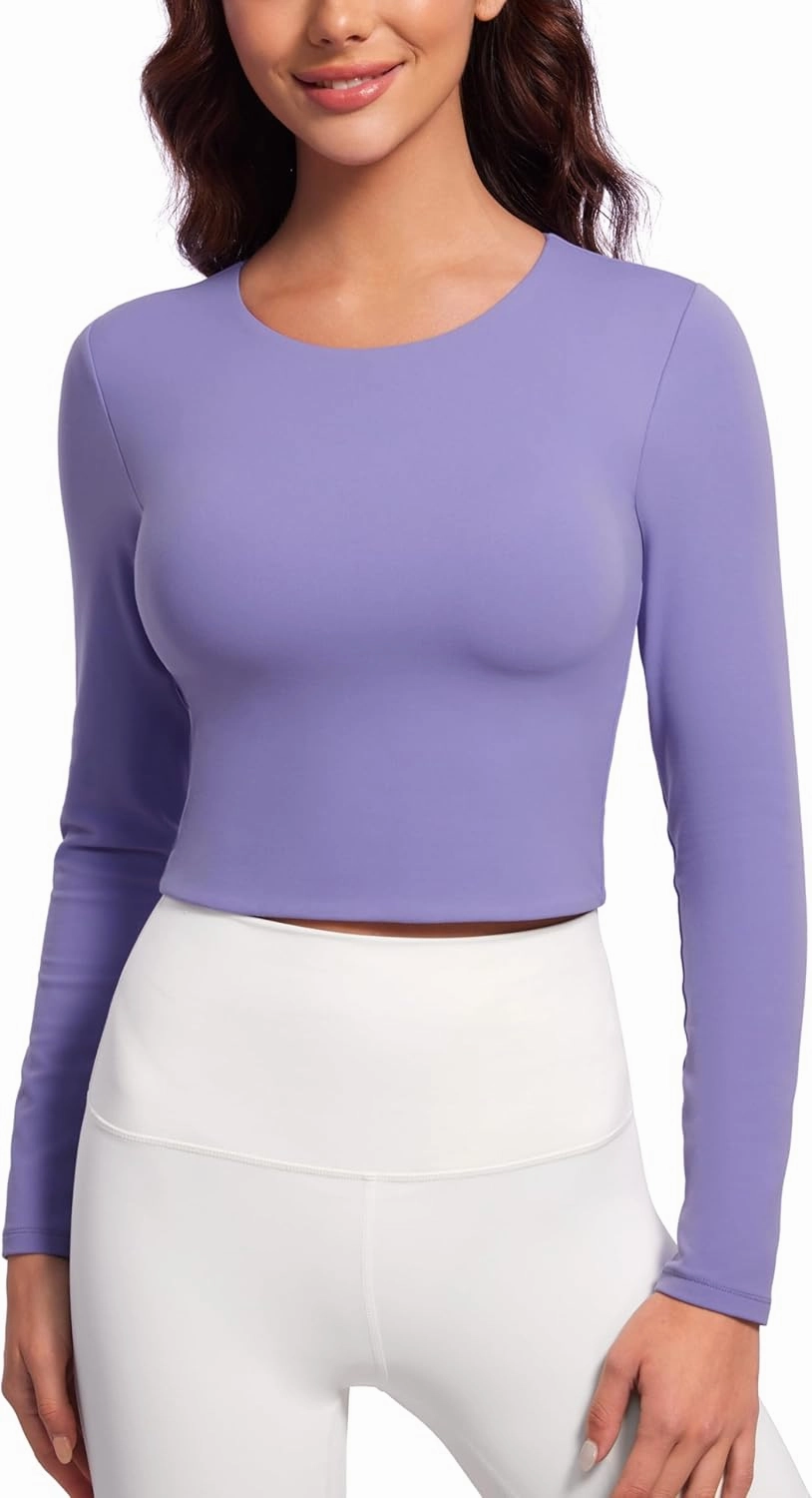 CRZ YOGA Butterluxe Double Lined Long Sleeve Workout Tops for Women Crew Neck Fitted Crop Tshirts Casual Tight Basic Shirts