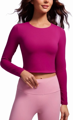 CRZ YOGA Butterluxe Double Lined Long Sleeve Workout Tops for Women Crew Neck Fitted Crop Tshirts Casual Tight Basic Shirts