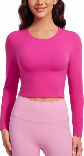 CRZ YOGA Butterluxe Double Lined Long Sleeve Workout Tops for Women Crew Neck Fitted Crop Tshirts Casual Tight Basic Shirts