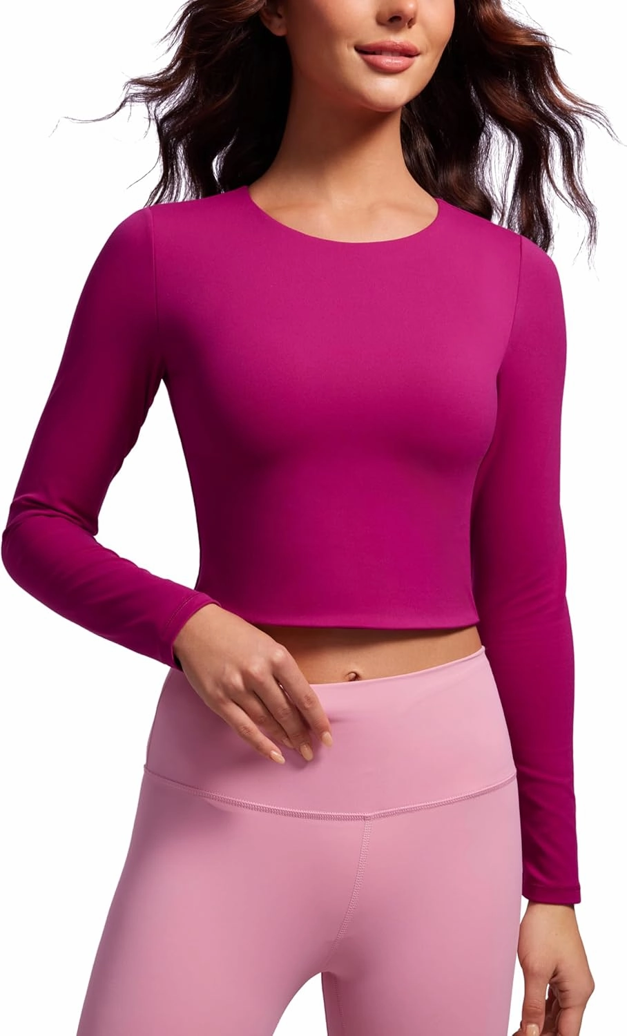 CRZ YOGA Butterluxe Double Lined Long Sleeve Workout Tops for Women Crew Neck Fitted Crop Tshirts Casual Tight Basic Shirts