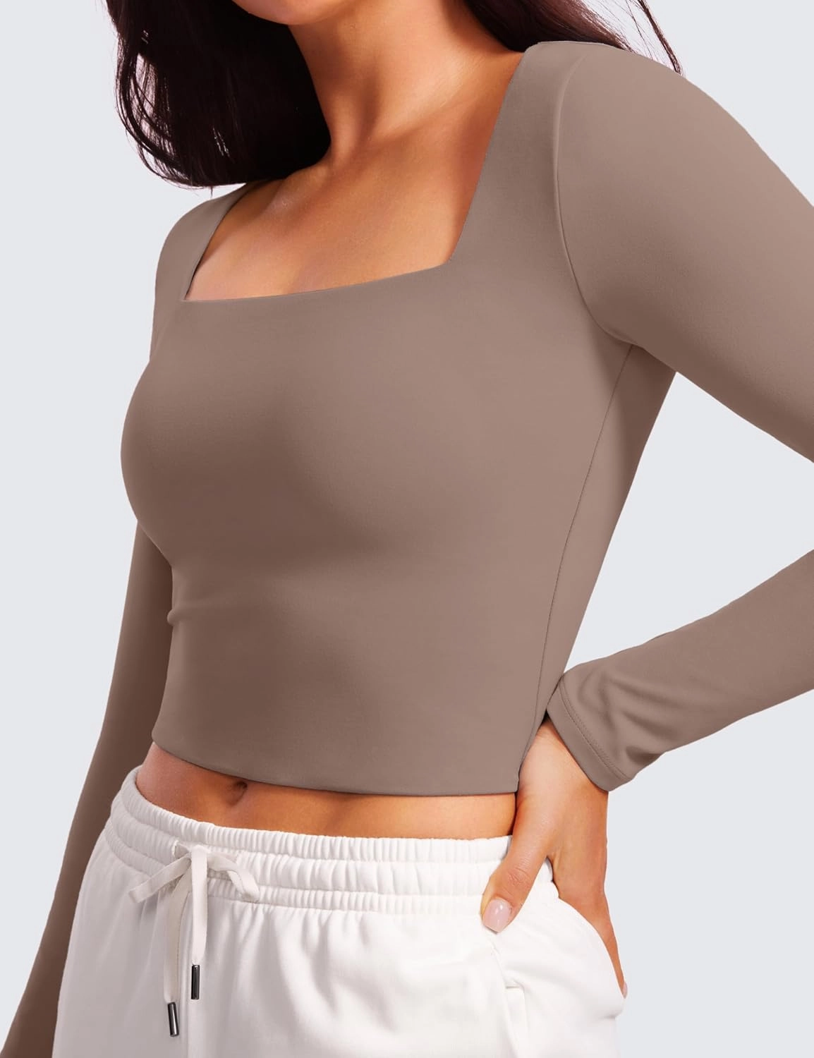 CRZ YOGA Womens Butterluxe Double Lined Long Sleeve Crop Top Square Neck Workout Athletic Casual Cropped Fitted Basic Shirts