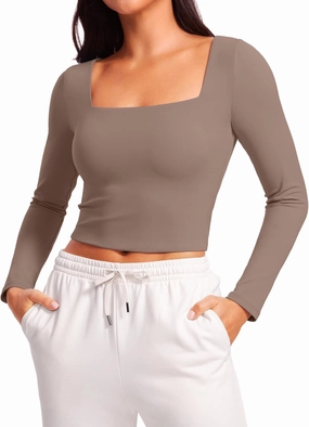 CRZ YOGA Womens Butterluxe Double Lined Long Sleeve Crop Top Square Neck Workout Athletic Casual Cropped Fitted Basic Shirts