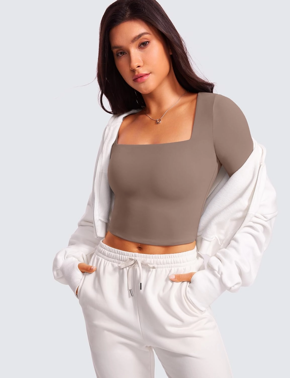 CRZ YOGA Womens Butterluxe Double Lined Long Sleeve Crop Top Square Neck Workout Athletic Casual Cropped Fitted Basic Shirts