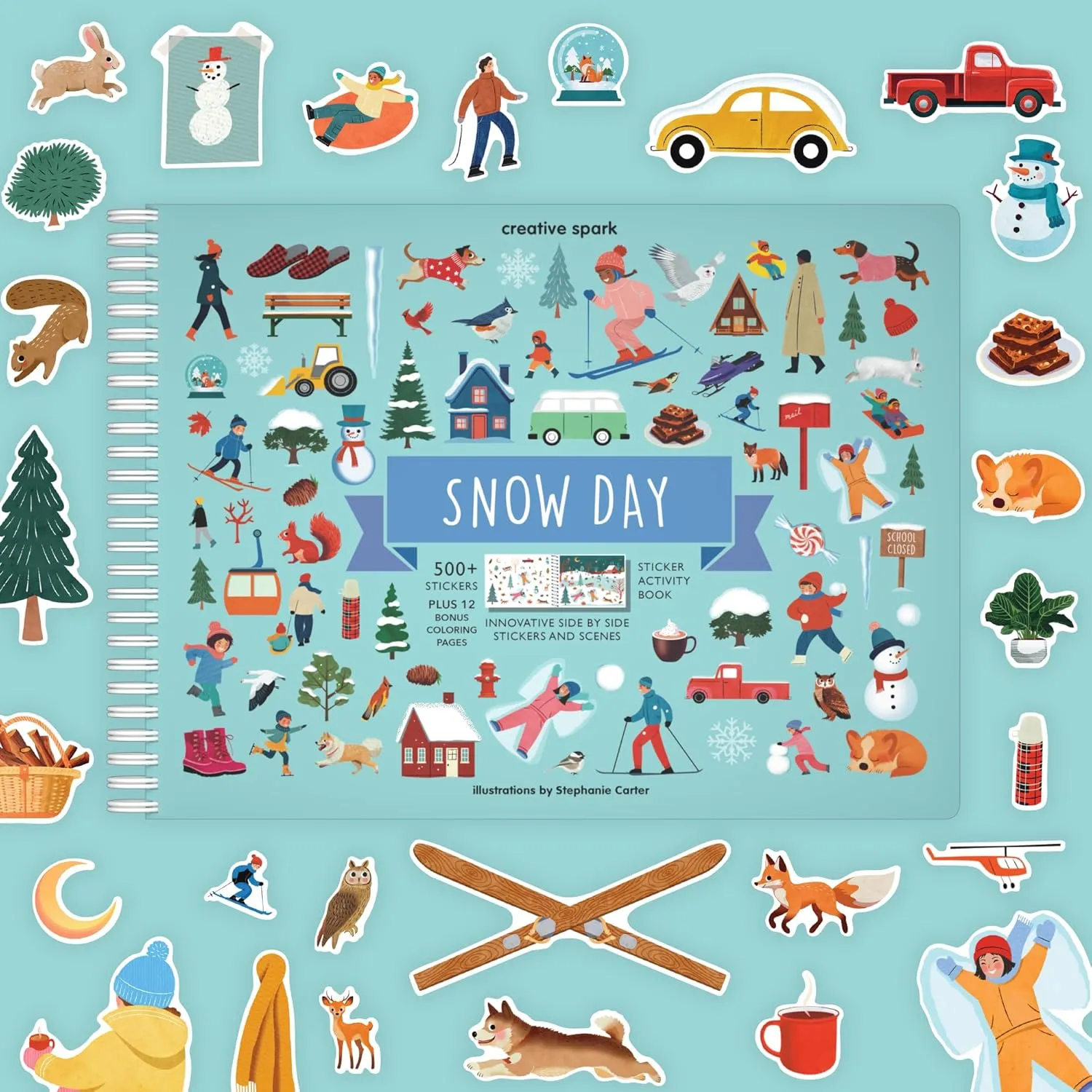 Cupkin Snow Day Sticker Book Activity for Kids, Side by Side Winter Sticker Book, Fun Kid Road Trip Activity, 500  Kids Stickers   12 Scenes and Coloring Pages, Crafts for Ages 2-8