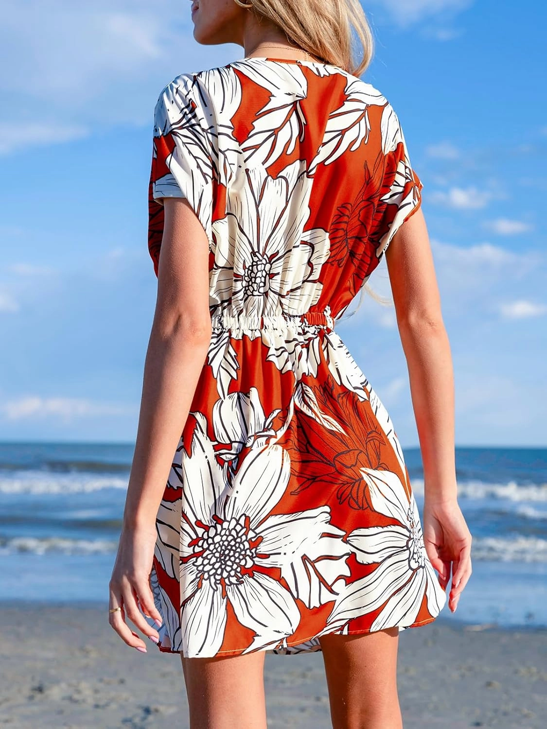 CUPSHE Women's Swimsuit Coverup Casual V Neck Beach Dress Short Sleeve Elastic Waist Swimwear Cover Ups 2025 Beachwear
