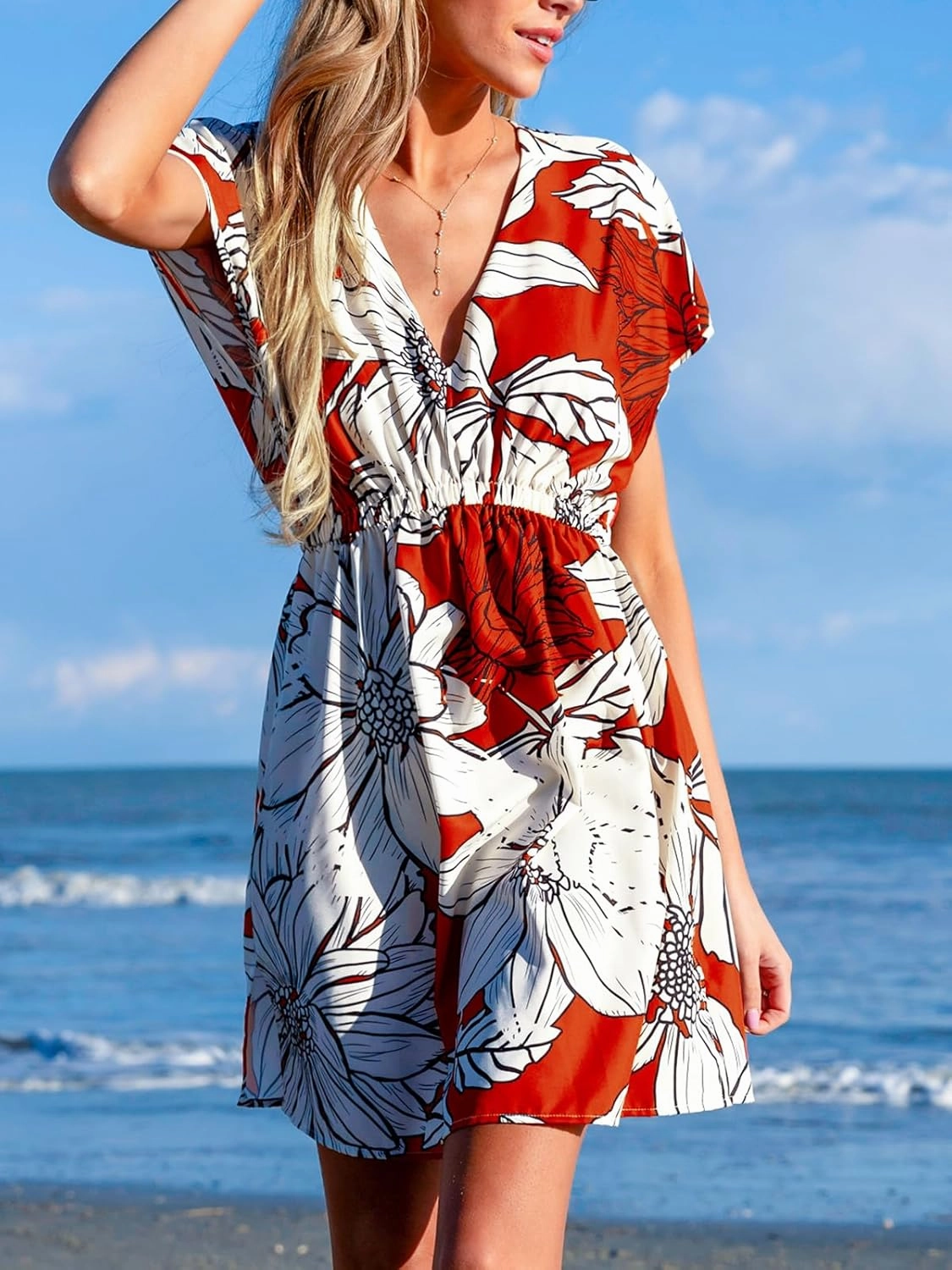 CUPSHE Women's Swimsuit Coverup Casual V Neck Beach Dress Short Sleeve Elastic Waist Swimwear Cover Ups 2025 Beachwear