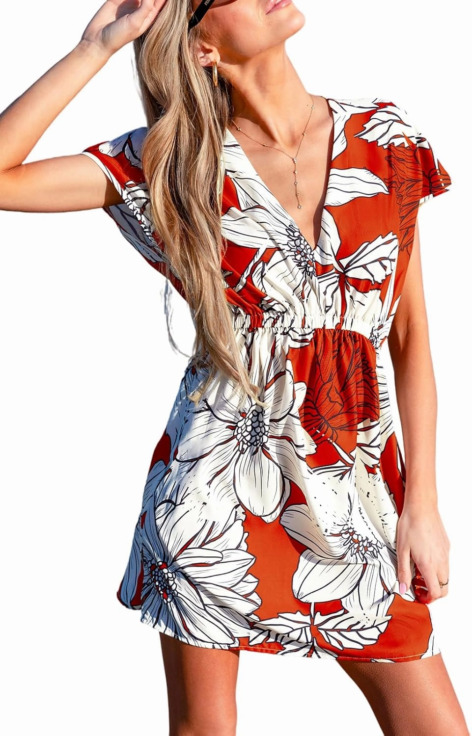 CUPSHE Women's Swimsuit Coverup Casual V Neck Beach Dress Short Sleeve Elastic Waist Swimwear Cover Ups 2025 Beachwear
