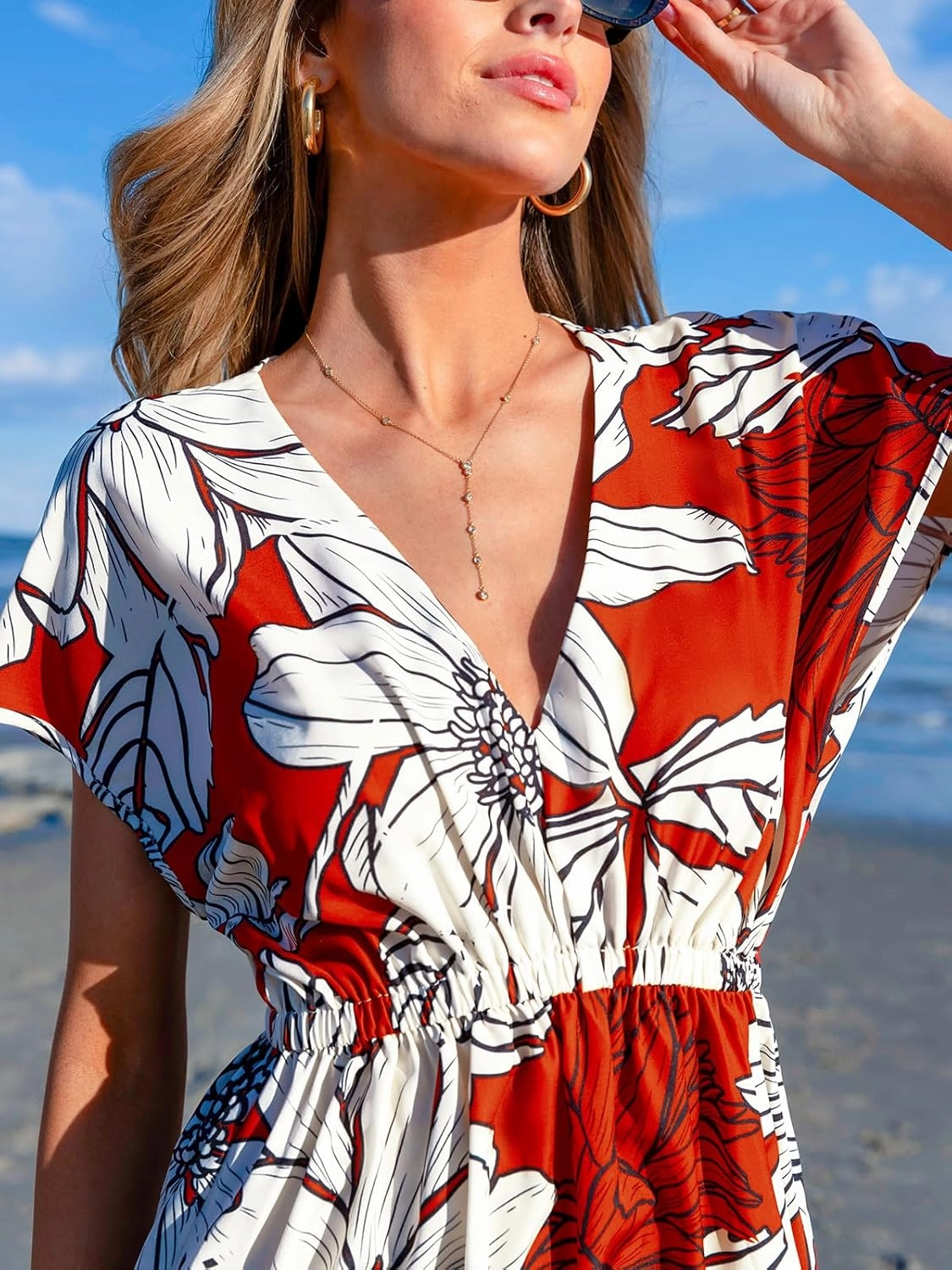 CUPSHE Women's Swimsuit Coverup Casual V Neck Beach Dress Short Sleeve Elastic Waist Swimwear Cover Ups 2025 Beachwear