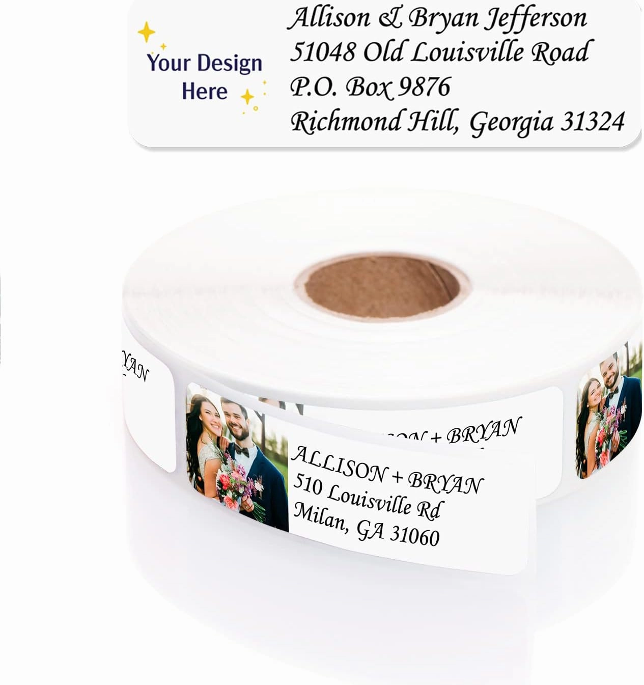 Custom Image Upload Italic Rolled Address Labels / 500 Personalized Return Address Labels/Designer Address Stickers in Elegant Plastic Dispenser