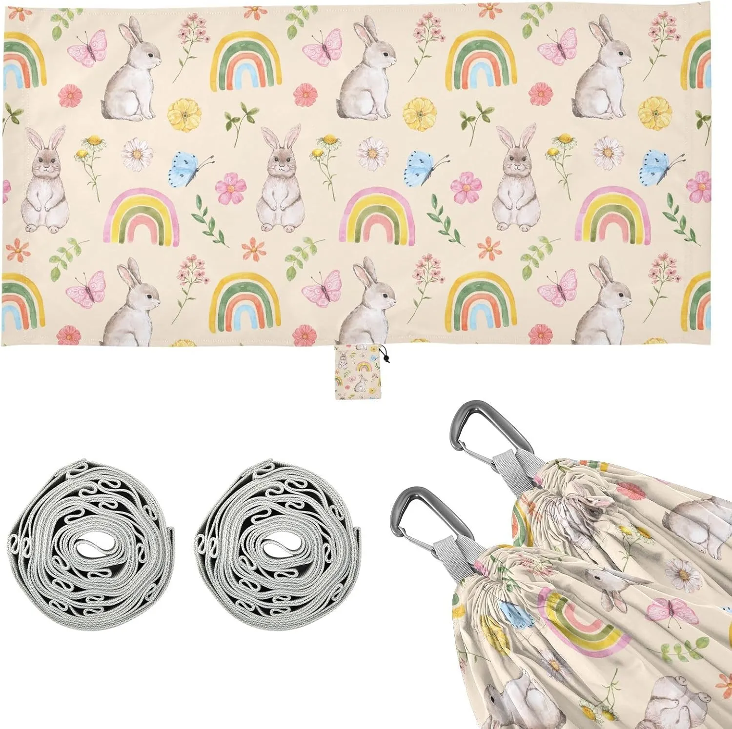 Cute Bunnies Flowers and Rainbows Camping Hammock with Tree Straps, Portable Lightweight Parachute Hammocks Camping Accessories Gear for Indoor Outdoor Backpacking Travel Hiking Beach