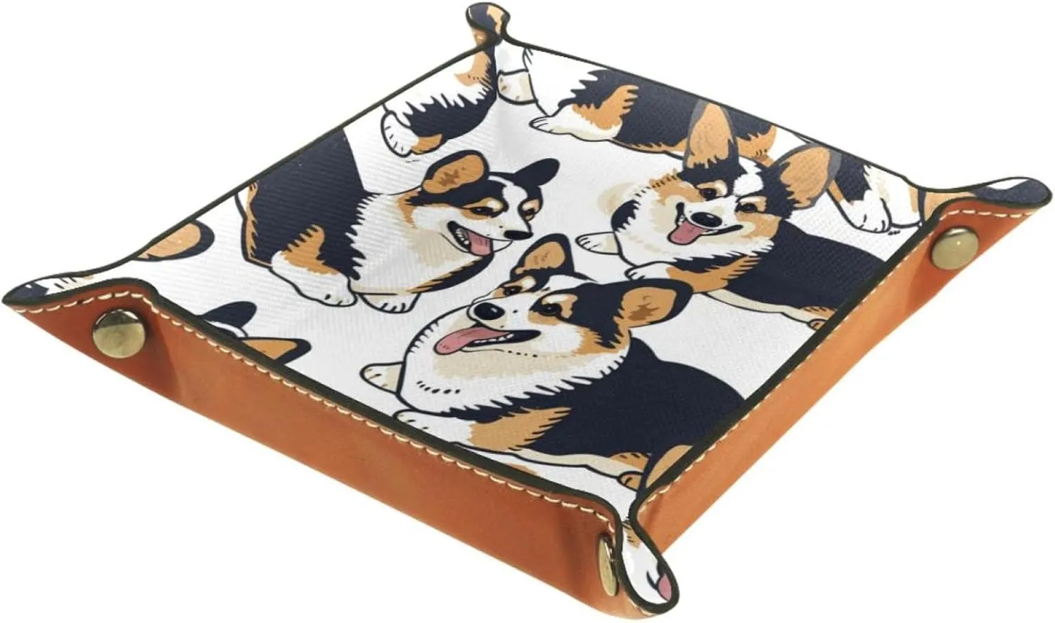 Cute Corgi Dog Small Stacking Jewelry Organizer Trays, Desk Drawer Earring and Bracelet Tray, Key Tray for Entryway Table, Decorative Ring Storage Tray, 20.5x20.5cm, snh-001