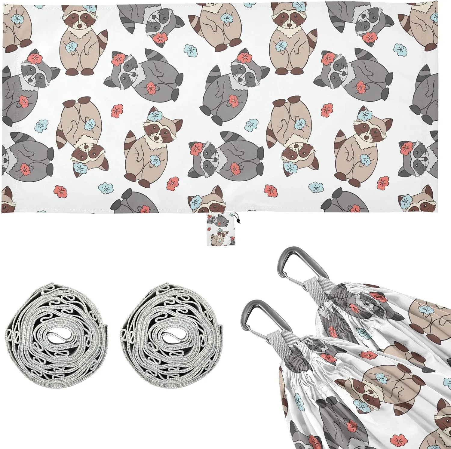 Cute Raccoons with Flowers Camping Hammock with Tree Straps, Portable Lightweight Parachute Hammocks Camping Accessories Gear for Indoor Outdoor Backpacking Travel Hiking Beach