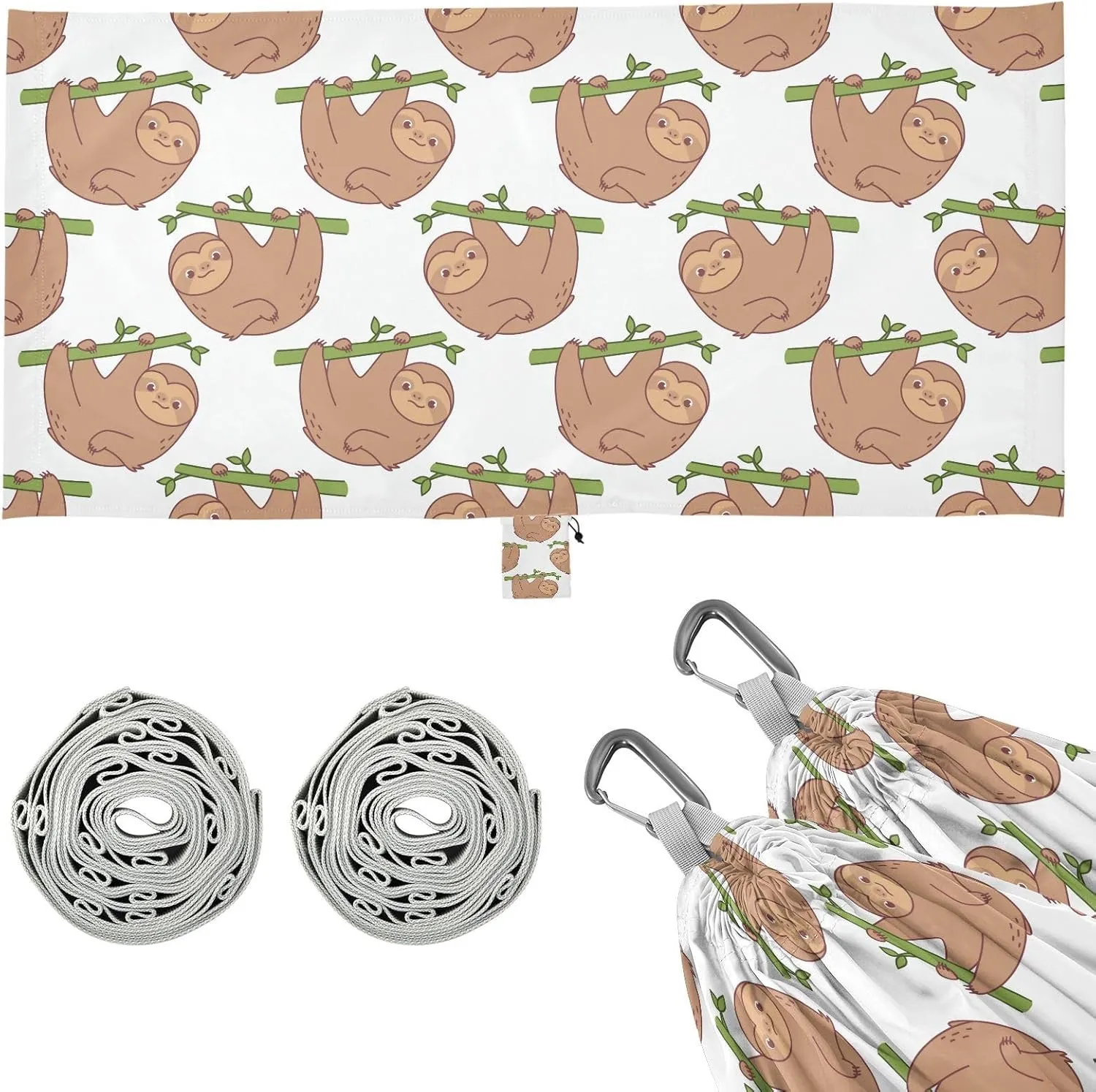 Cute Sloth on White Background Camping Hammock with Tree Straps, Portable Lightweight Parachute Hammocks Camping Accessories Gear for Indoor Outdoor Backpacking Travel Hiking Beach