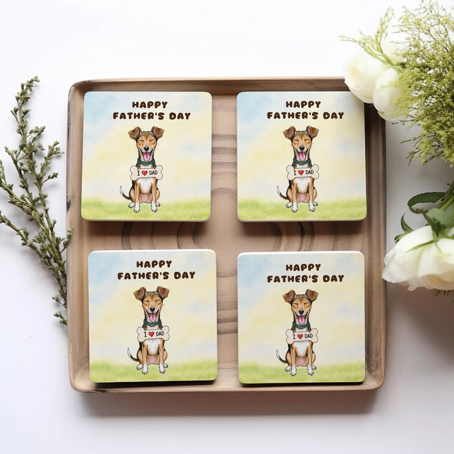 Cute Toy Fox Terrier Loves Dad Happy Father's Day Set of 4 Stone Coasters Dog Lover 4x4in Absorbent Soapstone Coaster 12008