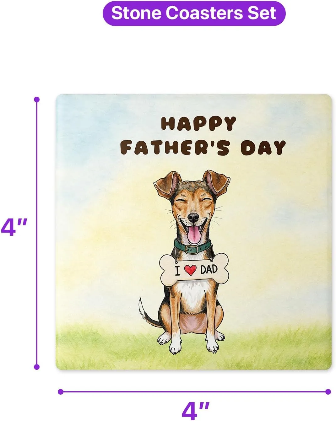 Cute Toy Fox Terrier Loves Dad Happy Father's Day Set of 4 Stone Coasters Dog Lover 4x4in Absorbent Soapstone Coaster 12008