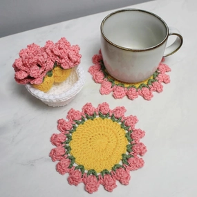 Cute Coasters Set of 4,Funny Pink Flower Coasters,Crochet Plant Pot Coaster Set for Drinks with Flowerpot Holder,Fun Soft Decorative Coasters Housewarming for New Home Bar Desk