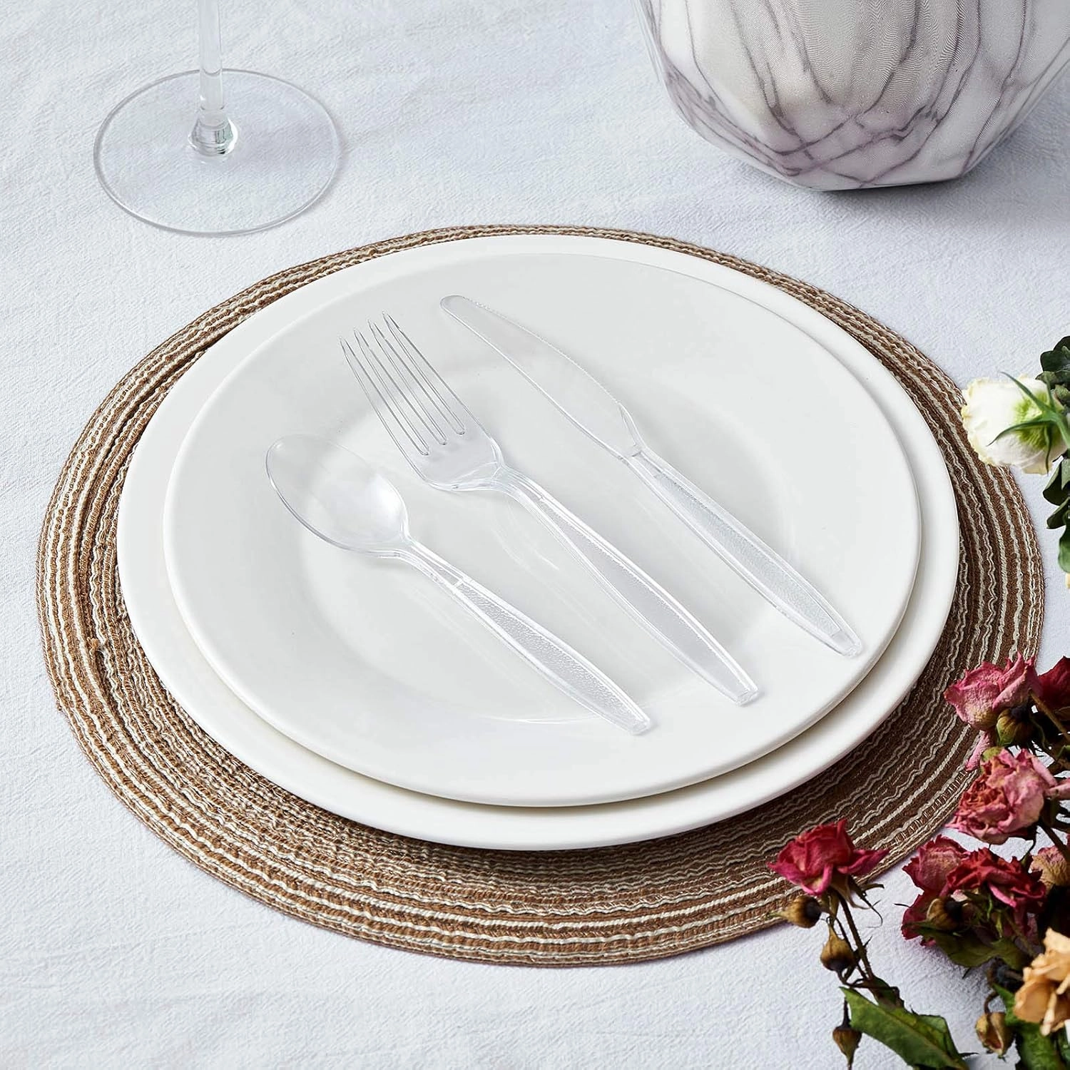 Cutlery Set Plastic Utensils Clear Forks Spoons Knives Disposable Silverware Heavyweight [300 Combo Box]