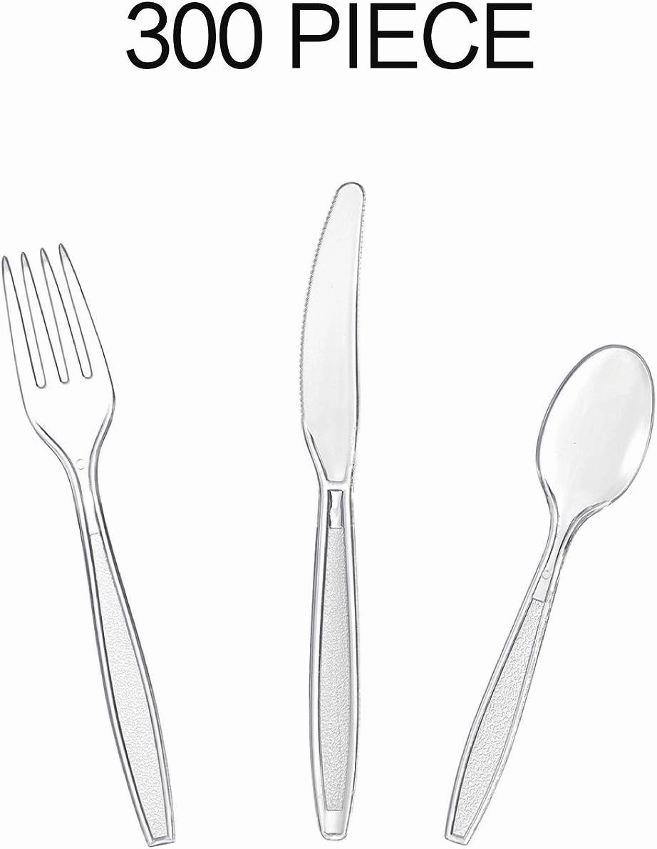 Cutlery Set Plastic Utensils Clear Forks Spoons Knives Disposable Silverware Heavyweight [300 Combo Box]