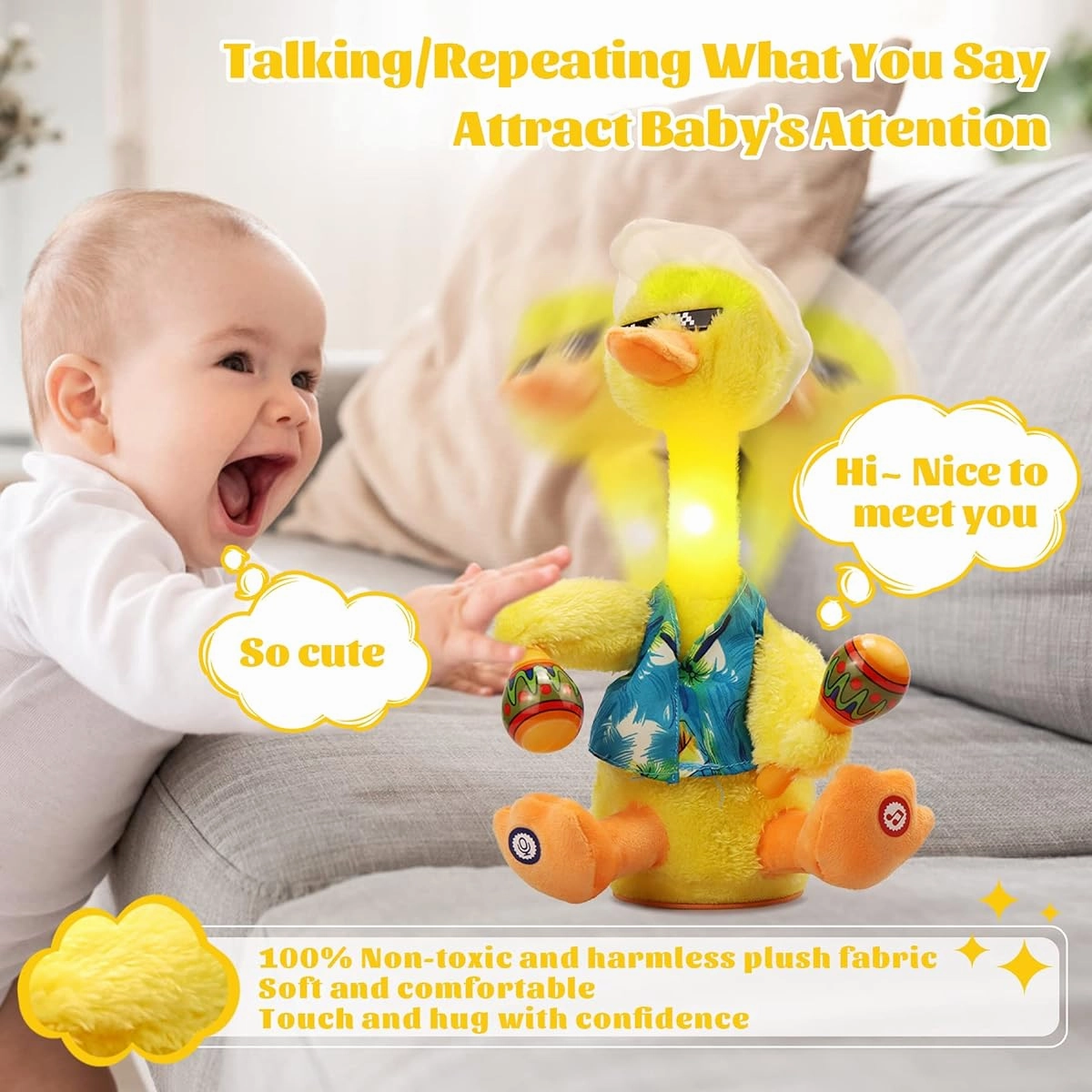 Dancing Duck Toy for Boys and Girls, Talking Musical Duck Toy Record & Repeat Electronic Imitation Plush Toy for Kids 120 Songs with LED Lighting for Home Decoration (Yellow)