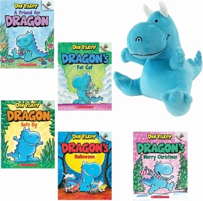 Dav Pilkey Dragon Series Easy Reader 5 Book Set (A Friend for Dragon; Dragon’s Fat Cat; Dragon Gets by; Dragon’s Halloween; Merry Christmas), MerryMakers Blue Plush & Gift Book Bag
