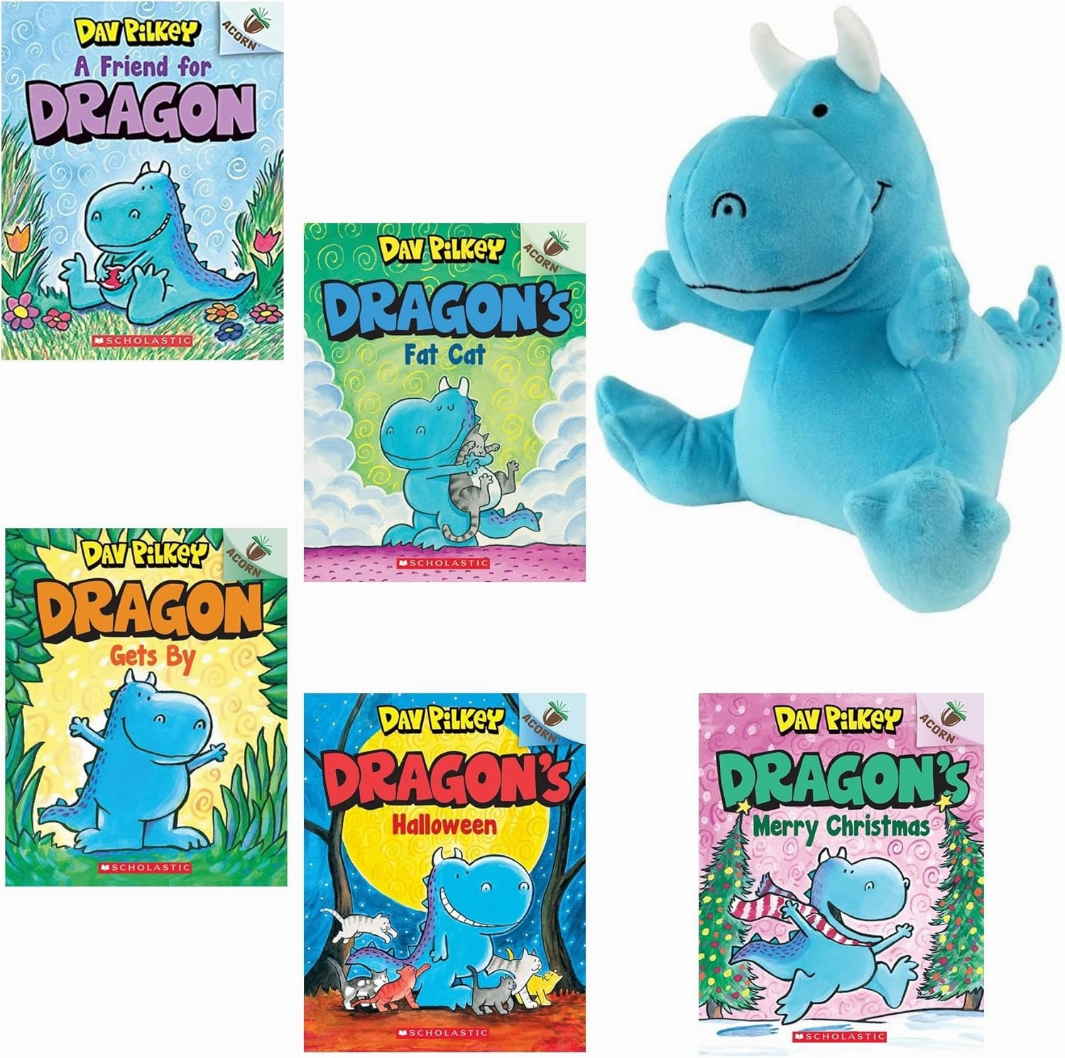 Dav Pilkey Dragon Series Easy Reader 5 Book Set (A Friend for Dragon; Dragon’s Fat Cat; Dragon Gets by; Dragon’s Halloween; Merry Christmas), MerryMakers Blue Plush & Gift Book Bag