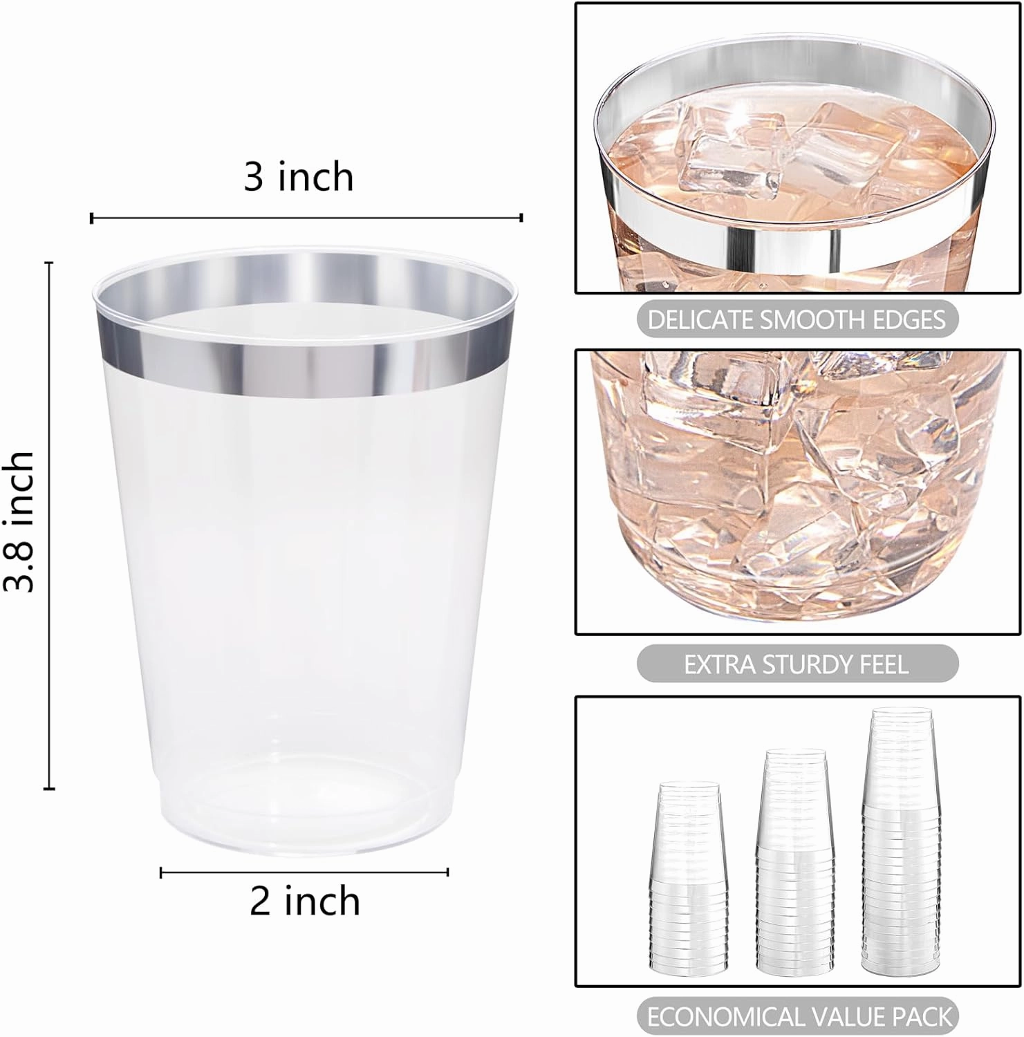DaYammi 200 Pack Silver Plastic Cups 10 Oz Clear Plastic Cups Silver Rimmed Disposable Wine Glasses Heavy Duty Disposable Tumblers Drinking Cocktail Glasses for Party Wedding
