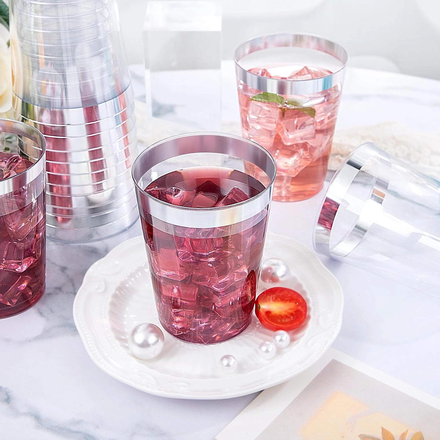 DaYammi 200 Pack Silver Plastic Cups 10 Oz Clear Plastic Cups Silver Rimmed Disposable Wine Glasses Heavy Duty Disposable Tumblers Drinking Cocktail Glasses for Party Wedding