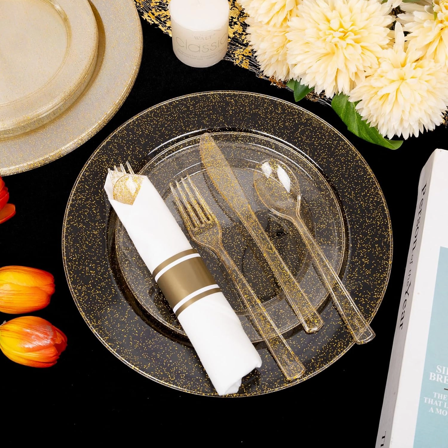 DaYammi 210PCS Gold Glitter Plastic Dinnerware Set for 30 Guests, Fancy Disposable Plates for Party, Include: 30 Dinner Plates, 30 Dessert Plates, 30 Pre Rolled Napkins with Gold Silverware, 30 Cups