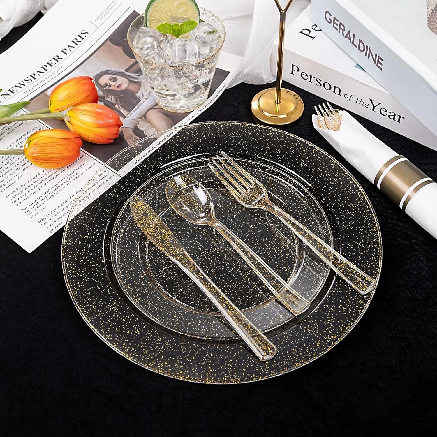 DaYammi 210PCS Gold Glitter Plastic Dinnerware Set for 30 Guests, Fancy Disposable Plates for Party, Include: 30 Dinner Plates, 30 Dessert Plates, 30 Pre Rolled Napkins with Gold Silverware, 30 Cups