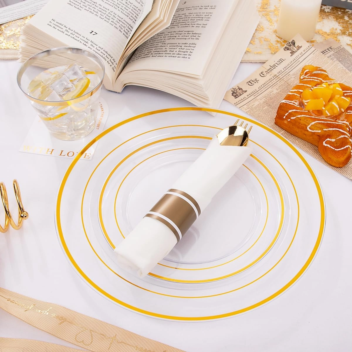 DaYammi 350PCS Clear Gold Plastic Dinnerware Set for 50 Guests, Fancy Disposable Plates for Party, Include: 50 Dinner Plates, 50 Dessert Plates, 50 Pre Rolled Napkins with Gold Silverware, 50 Cups