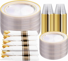 DaYammi 350PCS Clear Gold Plastic Dinnerware Set for 50 Guests, Fancy Disposable Plates for Party, Include: 50 Dinner Plates, 50 Dessert Plates, 50 Pre Rolled Napkins with Gold Silverware, 50 Cups