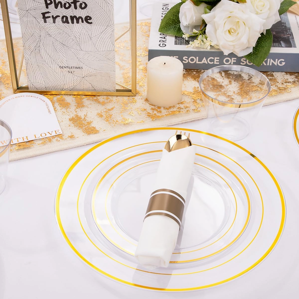 DaYammi 350PCS Clear Gold Plastic Dinnerware Set for 50 Guests, Fancy Disposable Plates for Party, Include: 50 Dinner Plates, 50 Dessert Plates, 50 Pre Rolled Napkins with Gold Silverware, 50 Cups