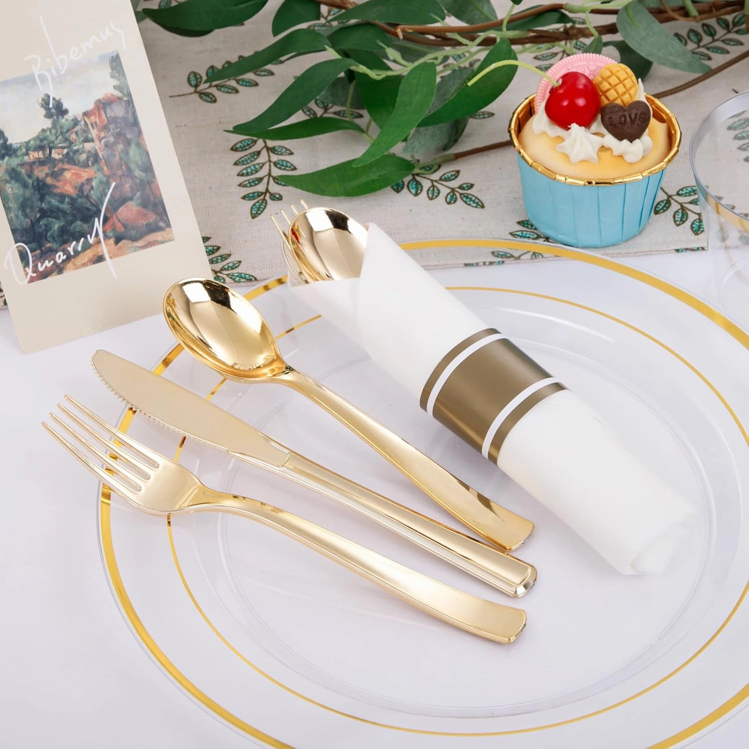 DaYammi 350PCS Clear Gold Plastic Dinnerware Set for 50 Guests, Fancy Disposable Plates for Party, Include: 50 Dinner Plates, 50 Dessert Plates, 50 Pre Rolled Napkins with Gold Silverware, 50 Cups