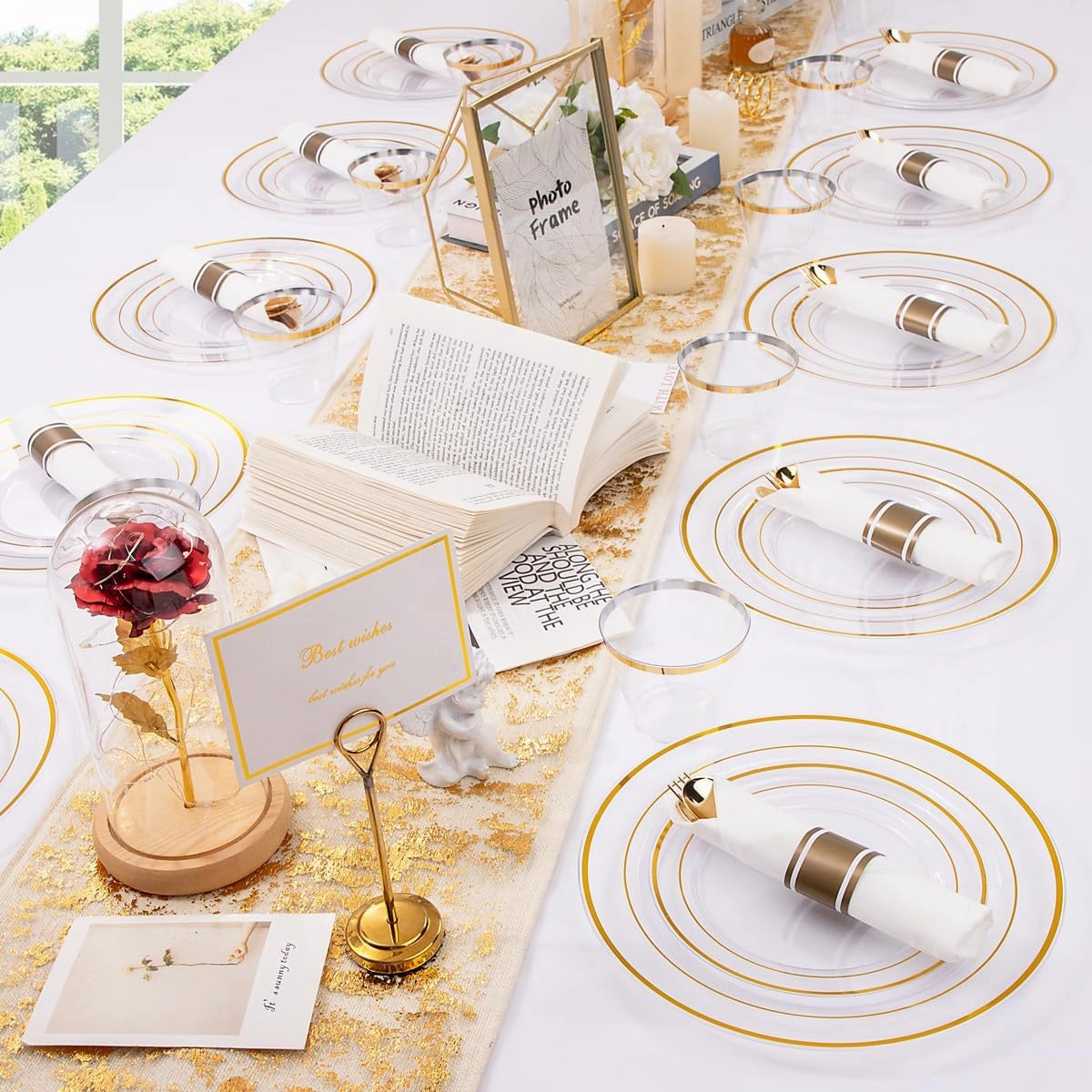 DaYammi 350PCS Clear Gold Plastic Dinnerware Set for 50 Guests, Fancy Disposable Plates for Party, Include: 50 Dinner Plates, 50 Dessert Plates, 50 Pre Rolled Napkins with Gold Silverware, 50 Cups
