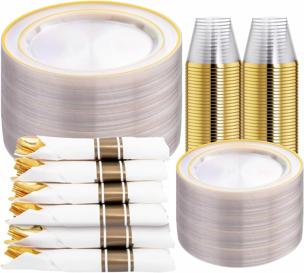 DaYammi 350PCS Clear Gold Plastic Dinnerware Set for 50 Guests, Fancy Disposable Plates for Party, Include: 50 Dinner Plates, 50 Dessert Plates, 50 Pre Rolled Napkins with Gold Silverware, 50 Cups